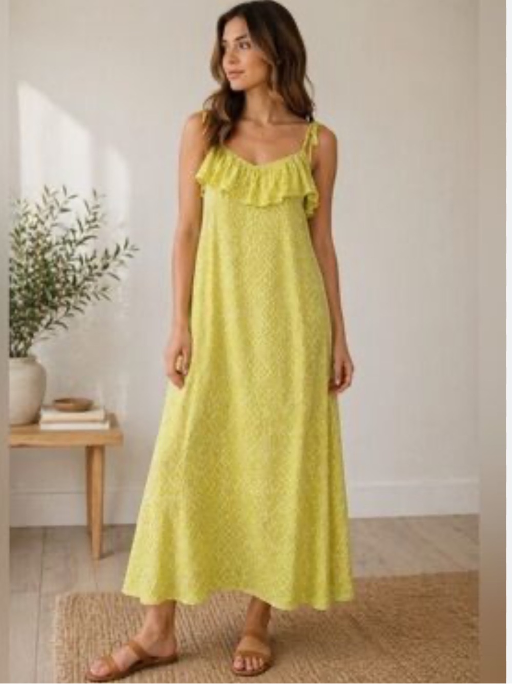 NWOT H&M Yellow Green Ruffle Geometric Midi Dress